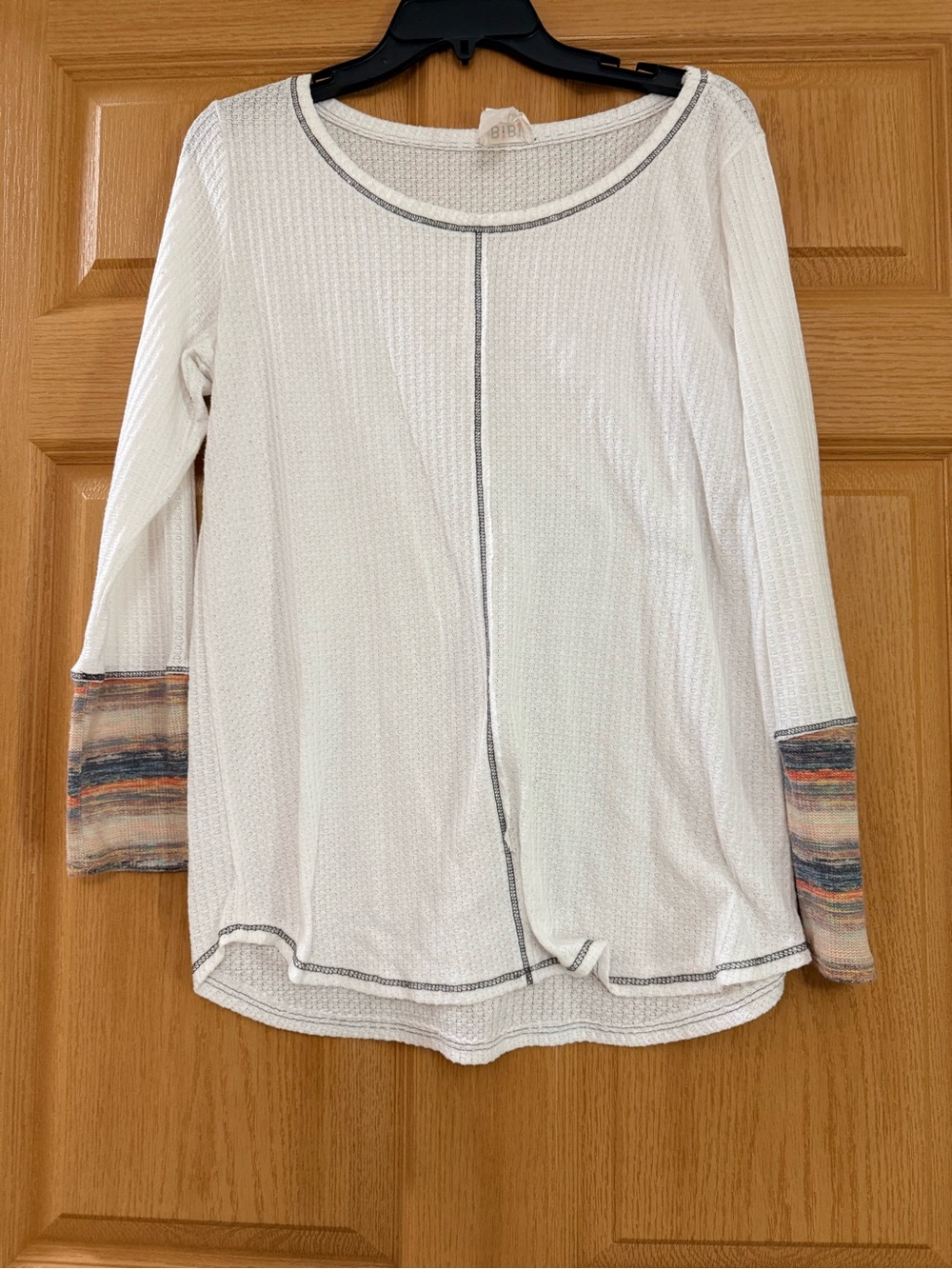 BiBi White Waffle-Knit Long Sleeve Top with Multicolor Cuffs
